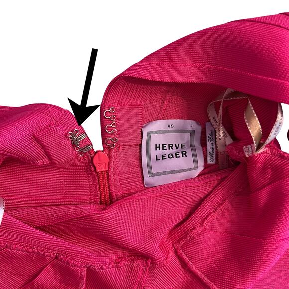 Hervé Léger Fuchsia Bandage Dress XS Deep V Bodycon Mini Clubwear Cocktail - Picture 10 of 14